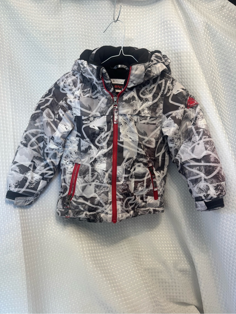 Snozu Black & White Graphic Puffer Jacket with Red Accents